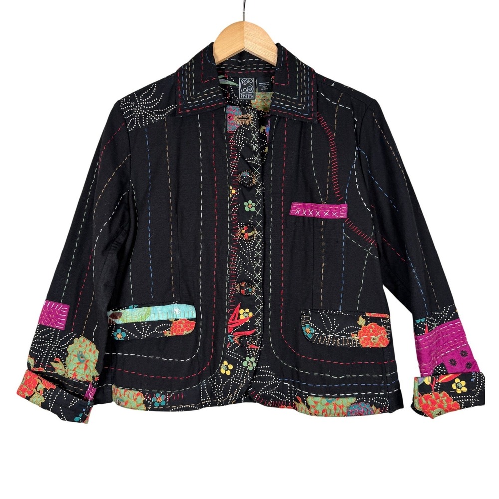 Casual Studio Top Stitch Jacket Medium Black Embroidered Floral Boho Art To Wear